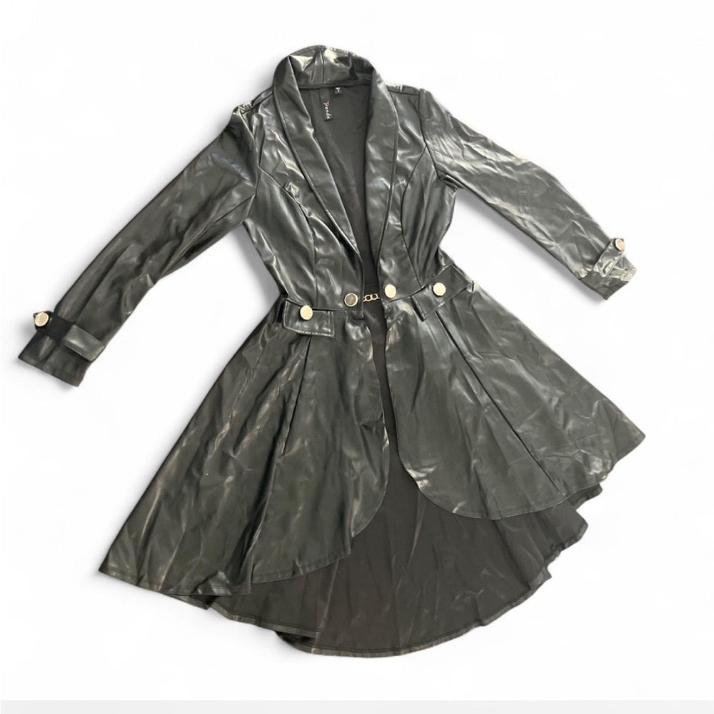 NWOT Trende Black Faux Leather Trench Coat Fit & Flare Gold Button dress
Size S